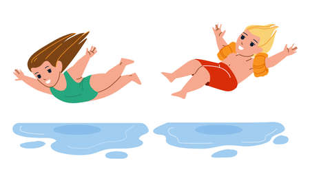 Boy And Girl Children Jumping Into Water Vector. Preteen Schoolboy And Schoolgirl Kids Jump Into Swimming Pool Water. Characters Funny Playful Time On Vacation Flat Cartoon Illustrationのイラスト素材