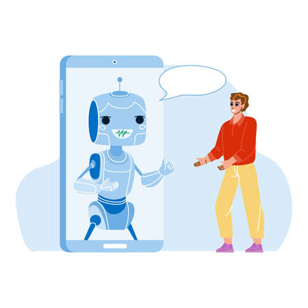 Mobile Chat Bot For Support Client Online Vector. Chat Bot For Communication And Give Information To Customer. Character Virtual Assistance On Smartphone Technology Flat Cartoon Illustrationのイラスト素材