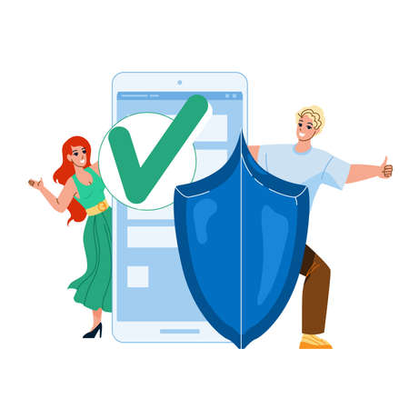 User Security Technology For Safe Info Vector. Happy Man And Woman Gesturing Ok And Approving User Security And Protective System. Characters Protection Digital Information Flat Cartoon Illustrationのイラスト素材