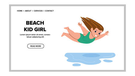 Kid Girl Resting Vacation On Beach Seashore Vector. Preteen Schoolgirl Child Jumping In Sea Water, Enjoying Holiday On Sandy Beach. Character Funny Playful Time Web Flat Cartoon Illustrationのイラスト素材