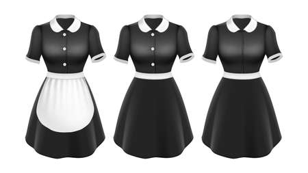 Maid Uniform Elegant Textile Clothes Set Vector. Houseworker Cleaner Profession Different Style Fabric Uniform. Lady Housekeeper Formalwear Dress For Clean Serving Template Realistic 3d Illustrationsのイラスト素材