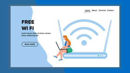 Free Wifi Use Woman For Surfing In Internet Vector. Free Wifi Girl Using For Searching Information Online, Laptop Connected To Router. Character Lady Networking Web Flat Cartoon Illustrationのイラスト素材