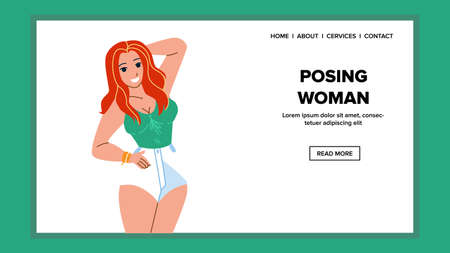 Woman Posing In Attractive Fashion Clothes Vector. Beautiful And Charming Woman Posing On Fashionable Week Event And Advertising Clothing. Character Amazing Girl Web Flat Cartoon Illustrationのイラスト素材