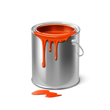 Paint Dripping Down From Bucket Package Vector. Paint Spilling From Blank Metallic Container. Painter Liquid For Make Renovation, Artist Accessory For Painting Template Realistic 3d Illustrationのイラスト素材
