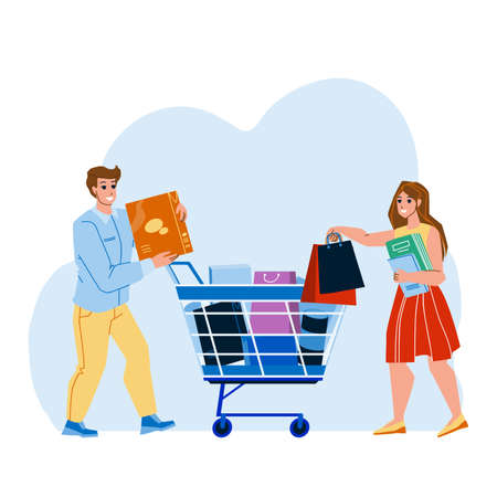 Shoppers Couple Goods Add To Cart In Market Vector. Man And Woman Add To Cart Supermarket Bags. Characters Boy And Girl Shopaholic Making Purchases In Shop Flat Cartoon Illustrationのイラスト素材