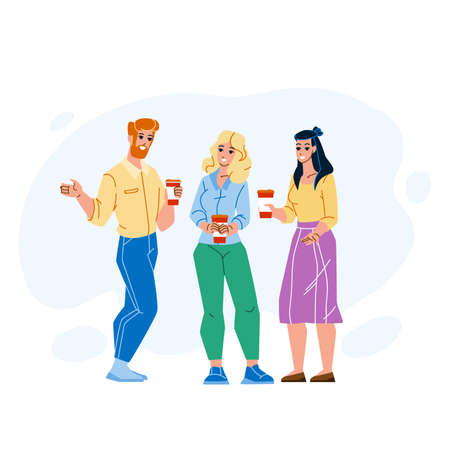 Office Coffee Break And People Conversation Vector. Man And Woman Coffee Break Time And Communication. Characters Drinking Energy Hot Drink And Speaking Together Flat Cartoon Illustrationのイラスト素材