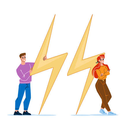Flash Sale Special Offers For Products Vector. Man And Woman Sellers Flash Sale Goods In Shop And Seasonal Discount For Customers. Characters Managers Standing Near Lightning Flat Cartoon Illustrationのイラスト素材