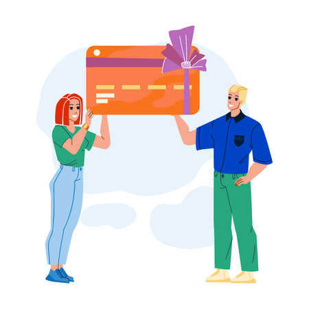 Couple Hold Loyalty Card Of Store Discount Vector. Man And Woman Holding Client Loyalty Card Gift For Make Purchase With Special Price in Shop. Characters Shopaholic Flat Cartoon Illustrationのイラスト素材