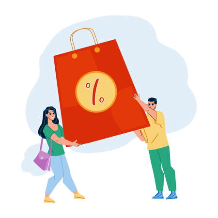 Mega Sale With Special Offers At Products Vector. Man And Woman Customers Holding Bag With Goods At Mega Sale Season Discount. Characters Shopaholic In Store Flat Cartoon Illustrationのイラスト素材