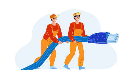 Network Lan Support Repairmen With Cable Vector. Network Lan Support Service Men Fixing And Connecting Cord. Characters Guys Engineer Internet Provider Employees Flat Cartoon Illustrationのイラスト素材
