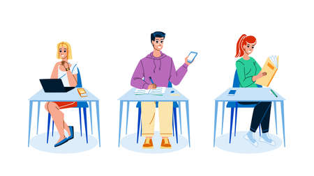University Students In Classroom Studying Vector. Students In Classroom Reading Book, Using Smartphone And Laptop For Searching Study Information In Internet. Characters Flat Cartoon Illustrationのイラスト素材