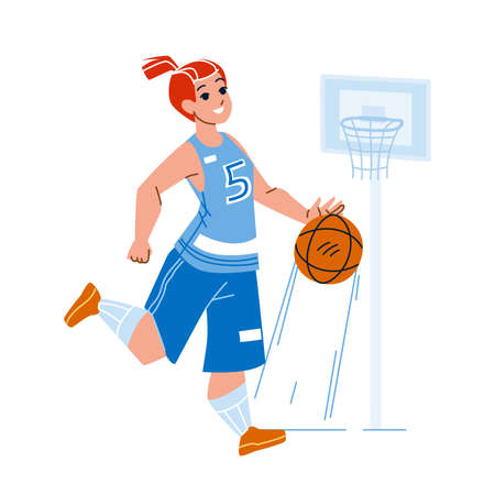 Basketball Player Playing Game With Ball Vector. Young Girl Basketball Player Wearing Team Uniform Play With Sportive Accessory On Playground. Character Sportswoman Flat Cartoon Illustrationのイラスト素材