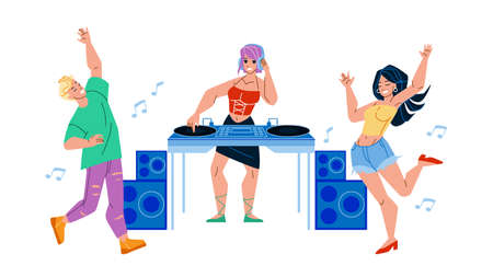 Dj Girl Playing Music On Night Club Party Vector. Young Woman Dj Play Disco Sound And Dancers Man And Lady Dancing Together. Characters Leisure Time In Nightclub Flat Cartoon Illustrationのイラスト素材