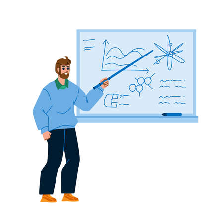 Physic Education Lesson Teaching Teacher Vector. Young Man With Pointer Pointing At Blackboard And Teach Physic School Or University Education In Classroom. Character Flat Cartoon Illustrationのイラスト素材