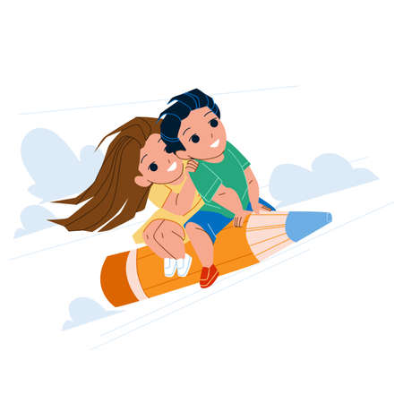 School Project Making Boy And Girl Pupils Vector. Schoolboy And Schoolgirl Make Educational School Project. Characters Fly On Pencil Stationery And Prepare Education Exercise Flat Cartoon Illustrationのイラスト素材