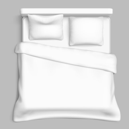 Bed top view white. blanket. pillow. interior mattress. hotel duvet 3d realistic vectorのイラスト素材