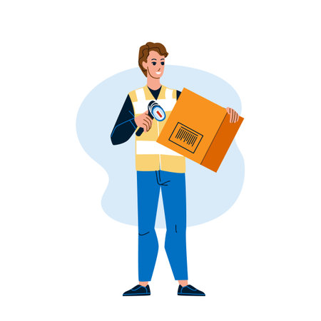 Deliverer Scanning Barcode On Carton Box Vector. Delivery Man Scanning Barcode With Laser Scanner Device On Cardboard. Character Checking Packaging Information Flat Cartoon Illustrationのイラスト素材