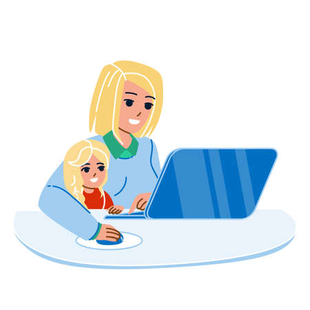 Kid Girl And Mother Using Laptop Together Vector. Woman With Daughter Reading Electronic Book Or Watching Online Movie On Laptop. Characters Family Enjoying Flat Cartoon Illustrationのイラスト素材