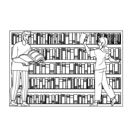 Books Rack Library Furniture With Shelves Black Line Pencil Drawing Vector. Man And Woman Choosing Educational Or Story Literature On Books Rack. Characters Searching Information On Bookcaseのイラスト素材