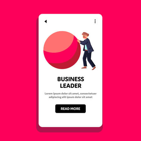 Business Leader Man Pushing Sphere Process Vector. Business Leader Push Ball, Working Procedure Or Competition Achievement. Character Businessman Strategy Web Flat Cartoon Illustrationのイラスト素材