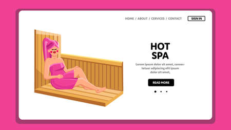 Hot Spa Enjoying Happiness Woman In Sauna Vector. Young Girl Wrapped Towel Laying And Resting Hot Spa. Character Lady Enjoy Healthy Procedure Body Therapy Web Flat Cartoon Illustrationのイラスト素材