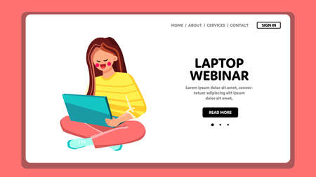 Webinar Watching Young Woman On Laptop Vector. Girl Watch Educational Webinar On Computer, Education Online Service In Internet. Character Lady Studying Web Flat Cartoon Illustrationのイラスト素材