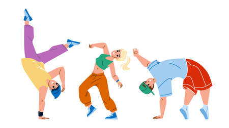 Teenagers In Dancing Class Exercising Dance Vector. Boy And Girl Teens Training Energy Break Dance Togetherness. Characters Hip Hop Practicing And Performing Flat Cartoon Illustrationのイラスト素材