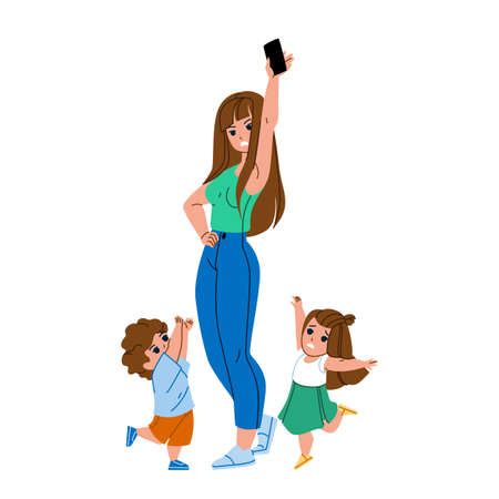 Children Gadget Addiction Modern Problem Vector. Kids Boy And Girl Crying And Wanting Smartphone, Mother Struggling With Gadget Addiction. Characters Electronic Device Flat Cartoon Illustrationのイラスト素材