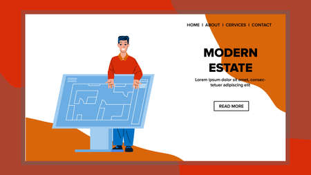 Modern Estate Developing Designer Architect Vector. Man Artist Develop Modern Estate Exterior Architecture. Character Design And Engineering Occupation Web Flat Cartoon Illustrationのイラスト素材