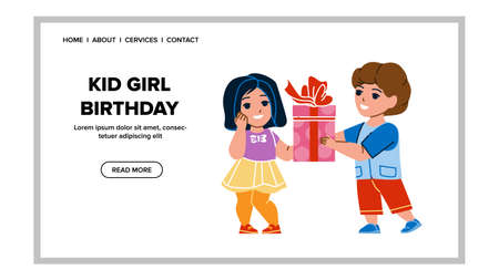 Kid Girl Birthday Celebrating With Friend Vector. Kid Girl Birthday Celebrate And Get Present Box From Boy. Characters Schoolchildren On Festival Event Web Flat Cartoon Illustrationのイラスト素材