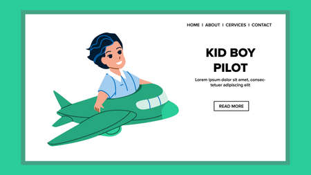 Kid Boy Pilot Flying In Airplane Transport Vector. Child Boy Pilot Fly In Aircraft, Playing On Amusement Park Attraction. Character Future Profession And Leisure Time Web Flat Cartoon Illustrationのイラスト素材