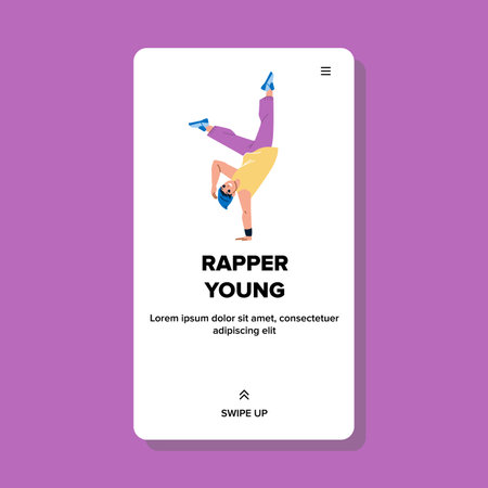 Rapper Young Boy Dancing Hip Hop Dance Vector. Rapper Young Guy Singing Rap And Performing Energy Choreography. Character Dancer Exercising And Training Web Flat Cartoon Illustrationのイラスト素材