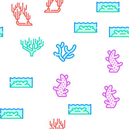 Coral Sea Aquatic Reef Vector Seamless Pattern Color Line Illustration