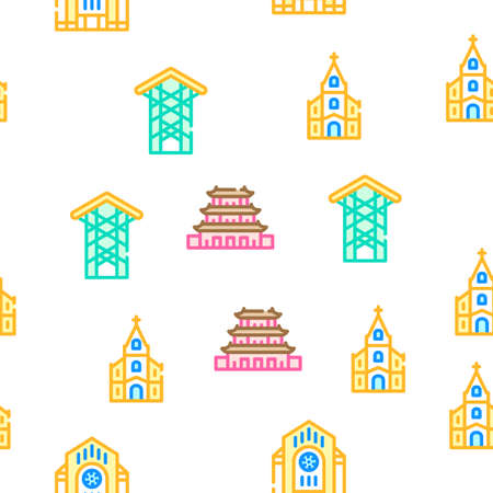 Temple Construction Vector Seamless Pattern Color Line Illustrationのイラスト素材