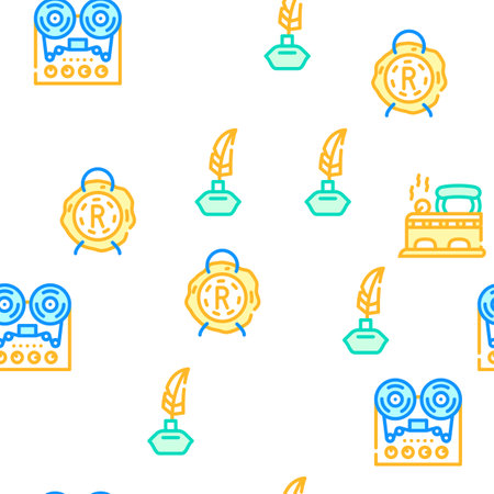Retro Stuff Devices Vector Seamless Pattern Color Line Illustrationのイラスト素材