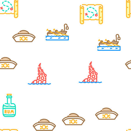 Pirate Sea Robber Vector Seamless Pattern Color Line Illustrationのイラスト素材