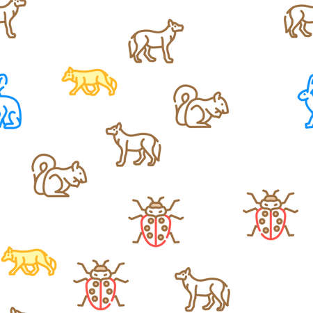 Wild Animals, Birds And Insects Vector Seamless Pattern Color Line Illustrationのイラスト素材