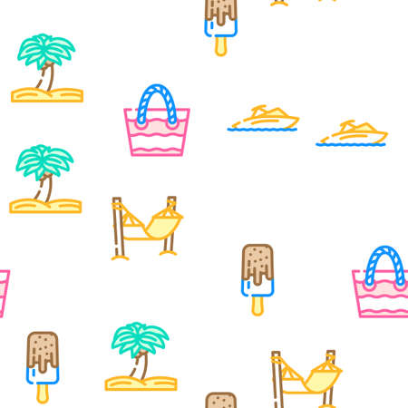 Summer Vacation Enjoying Traveler Vector Seamless Pattern Color Line Illustrationのイラスト素材