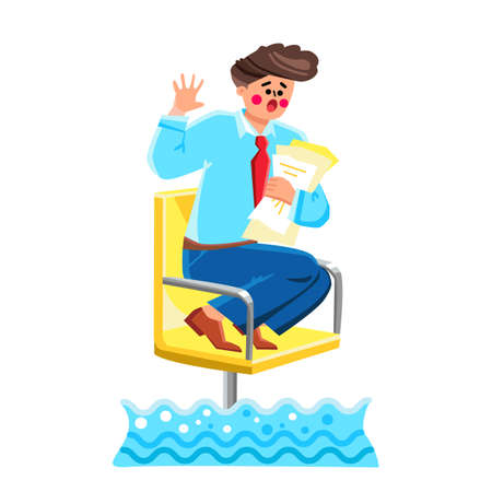 Flood In Office Saving Manager On Chair Vector. Frustrated Shocked Businessman With Document Papers Save From Flood Room Inside. Character Emergency And Safety Flat Cartoon Illustrationのイラスト素材