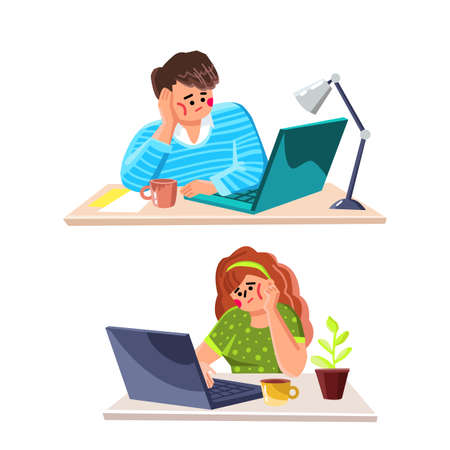 Lazy Man And Woman Working On Computer Vector. Lazy And Bored Manager Boy And Girl Sitting At Workspace And Work In Digital Laptop. Characters Employees Boring Job Flat Cartoon Illustrationのイラスト素材