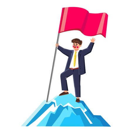 Businessman Perseverance In Business Career Vector. Young Man Manager Perseverance And Successful Goal Achievement, Standing With Flag On Mountain Peak. Character Flat Cartoon Illustrationのイラスト素材
