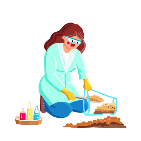 Soil Analysis Making Scientist For Research Vector. Young Woman Laboratory Worker Collecting Soil In Bag For Lab Examination And Researching. Character Science Flat Cartoon Illustrationのイラスト素材
