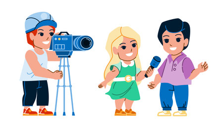 interview kid vector. child microphone, boy journalist, reporter speech, public mic speaker interview kid character. people flat cartoon illustrationのイラスト素材