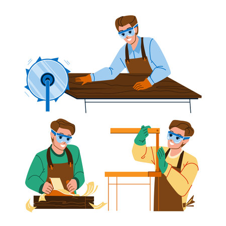 Joinery Man Working In Workshop With Tool Vector. Joinery Worker Work With Professional Instrument Saw And Planer At Workplace. Character Sawing Wooden Board Flat Cartoon Illustrationのイラスト素材