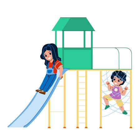 On Jungle Gym Playing Children Boy And Girl Vector. Little Preschooler Kids Play And Enjoy Game On Jungle Gym. Characters Infant Resting On Playground Together Flat Cartoon Illustrationのイラスト素材