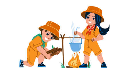 Scout Camp Resting Little Boy And Girl Vector. In Scout Camp Schoolboy And Schoolgirl Kindle Fire And Cooking Dish Together. Characters Children Enjoying Outdoor Flat Cartoon Illustrationのイラスト素材
