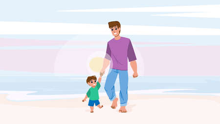 father son beach vector. family child dad, vacation fun, holiday outside father son beach character. people flat cartoon illustrationのイラスト素材