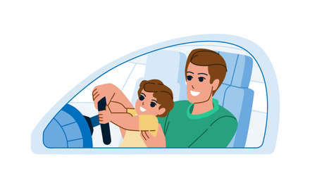 father son drive vector. dad kid car, boy vehicle, happy trip instructor father son drive character. people flat cartoon illustrationのイラスト素材
