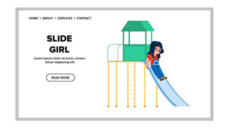 Slide Girl Kid From Playground Attraction Vector. Slide Girl Little Preschooler From Recreational Equipment Outside. Character Preschool Infant Resting And Activity Web Flat Cartoon Illustrationのイラスト素材