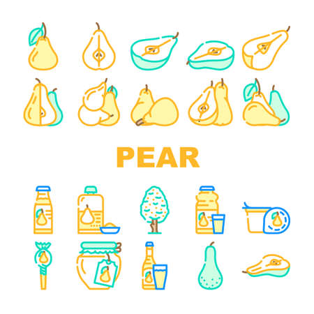 pear fruit half food slice icons set vector. white green leaf, cut fresh juicy ripe, asian organic raw piece, tree pear fruit half food slice color line illustrationsのイラスト素材